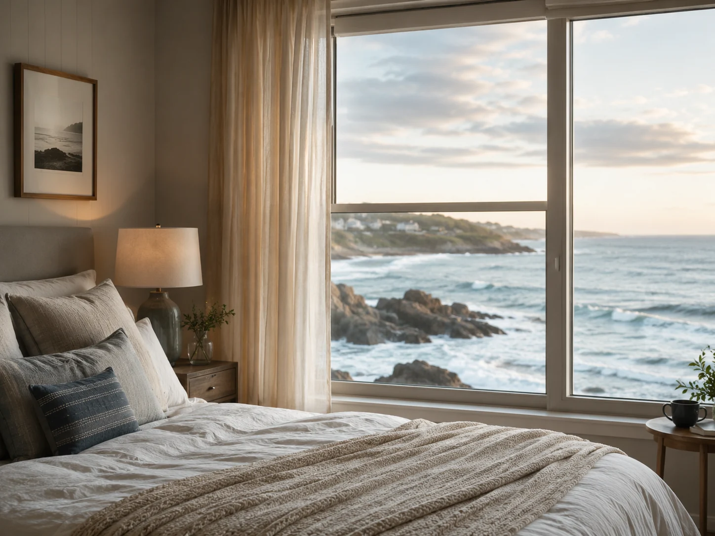 A peaceful bedroom looking over a rocky shoreline