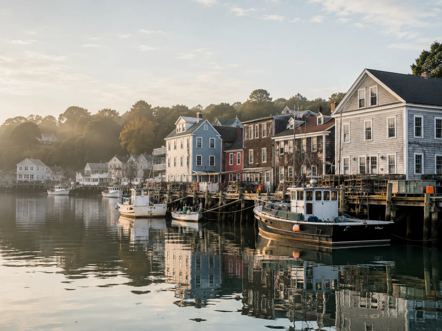 Fishing boats moored beside a small harbor town