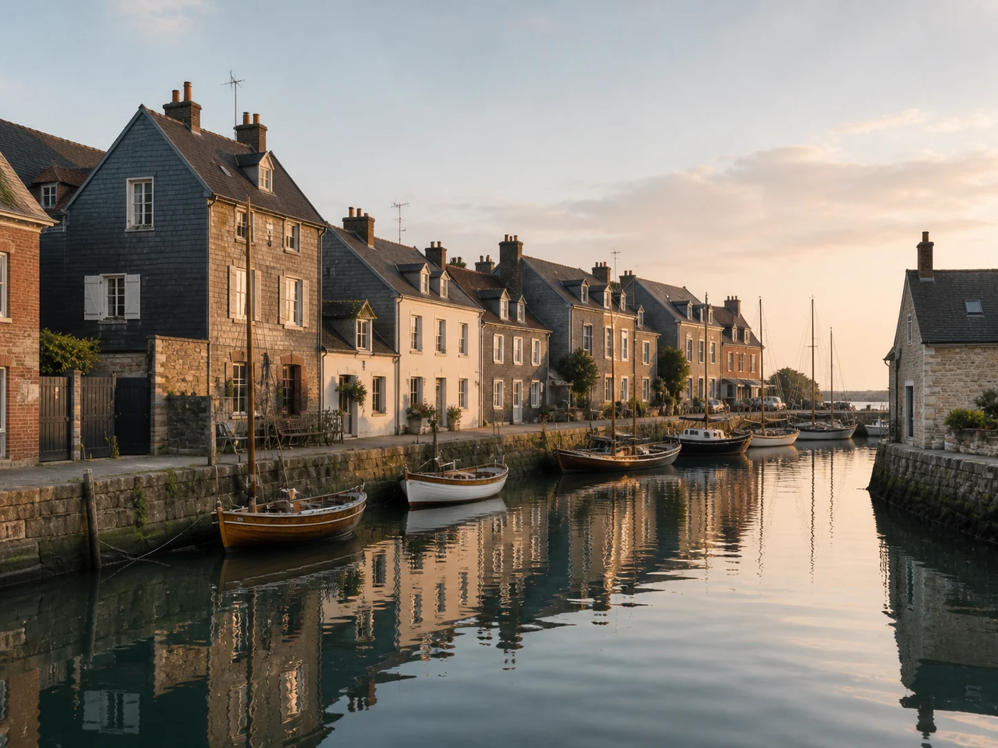 Historic houses and small boats reflected in a French harbor
